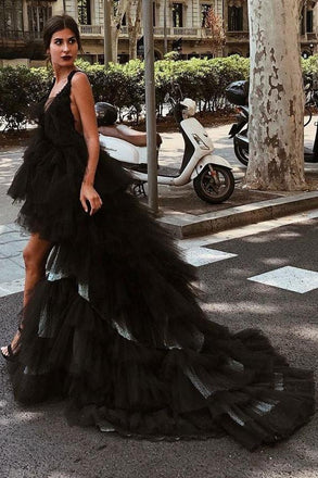 Beautiful A-Line V-Neck High Low Backless Black Tulle Prom Dresses DMG98