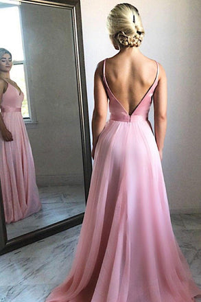 Flowing A-Line V-Neck Backless Pink Chiffon Long Prom Party Dress DMF28