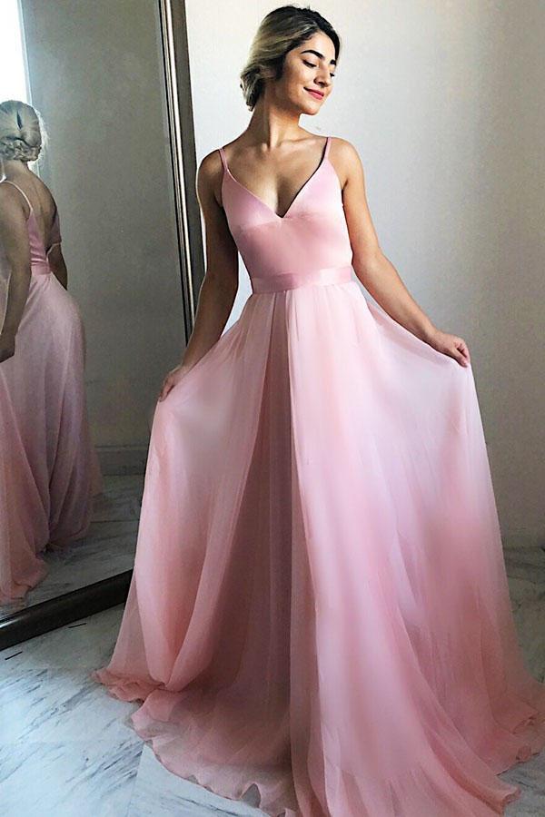 Flowing A-Line V-Neck Backless Pink Chiffon Long Prom Party Dress DMF28