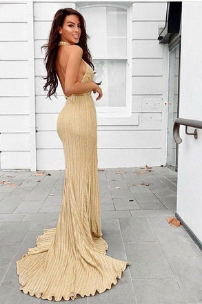 Sexy Sheath Halter Backless Sweep Train Gold Prom Party Dress with Split DMG3