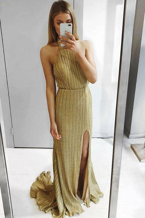 Sexy Sheath Halter Backless Sweep Train Gold Prom Party Dress with Split DMG3