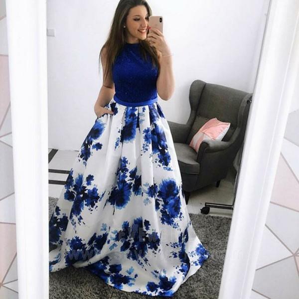 Fashion A-Line Jewel Blue Floral Long Prom Dress with Pockets DMJ30