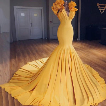 Charming Mermaid V-Neck Sleeveless Yellow Long Prom Dress with Ruffles DMH3