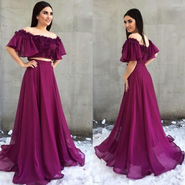 Two Piece A-Line Off the Shoulder Purple Chiffon Prom Dress with Appliques DMH5