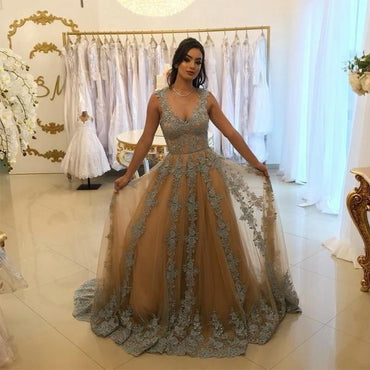 A-Line V-Neck Tulle Long Prom Dress with Lace Appliques DMH6