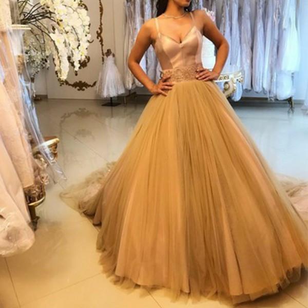Pretty A-Line Spaghetti Straps Tulle Gold Long Prom Dresses DMH7