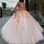 Jewel Tulle Long Cap Sleeves Ball Gown Prom Dress with Flower Appliques DMH10