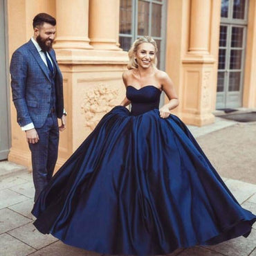 Simple Ball Gown Sweetheart Sleeveless Dark Blue Long Prom Dresses DMH11