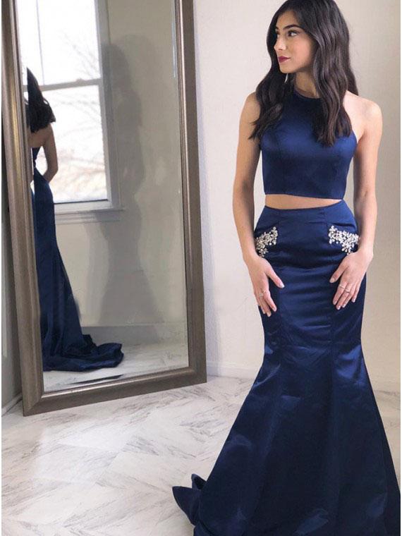 Two Piece Halter Backless Mermaid Navy Blue Prom Dress with Beading Pockets DMR9