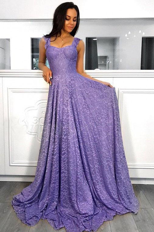 A-Line Straps Sleeveless Sweep Train Lavender Lace Prom Dress DMR8