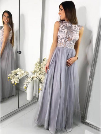 A-Line Jewel Floor-Length Tulle Prom Dress with Lace Appliques DMF63