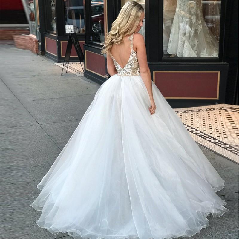 A-Line Spaghetti Straps Floor Length White Detachable Train Prom Dress with Appliques DMQ65