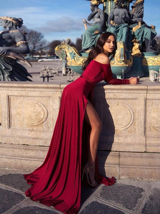 A-Line Off-the-Shoulder Long Sleeves Burgundy Elegant Prom Dress with Split DML66