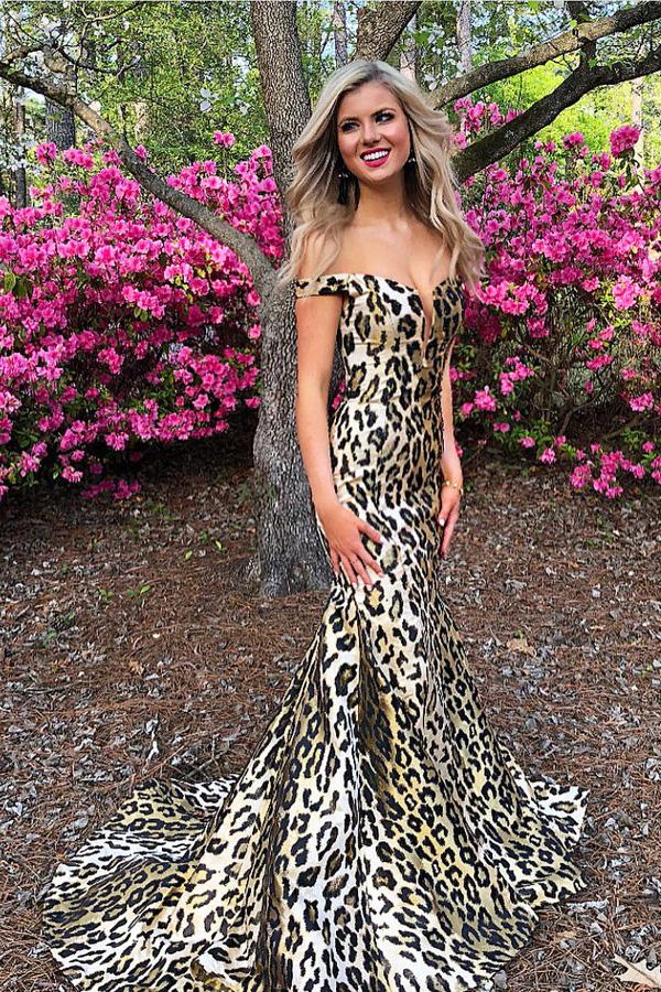 Mermaid Off-the-Shoulder Sweep Train Leopard Print Prom Dress DML65
