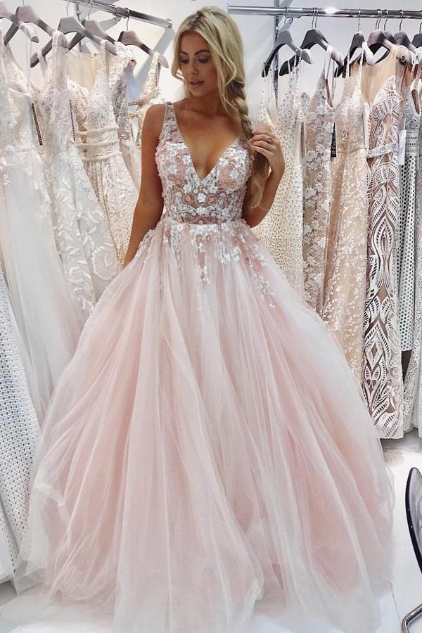 Charming A-Line V-Neck Floor-Length Pink Tulle Prom Dress with Appliques Beading DMI68