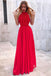 A-Line Jewel Floor-Length Red Chiffon Long Prom Party Dress with Ruffles DMP5