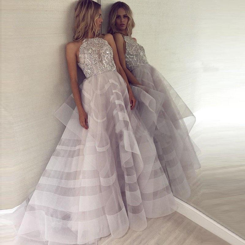 Fashion A-Line Crew Backless Lavender Organza Prom Dress with Beading DMG20