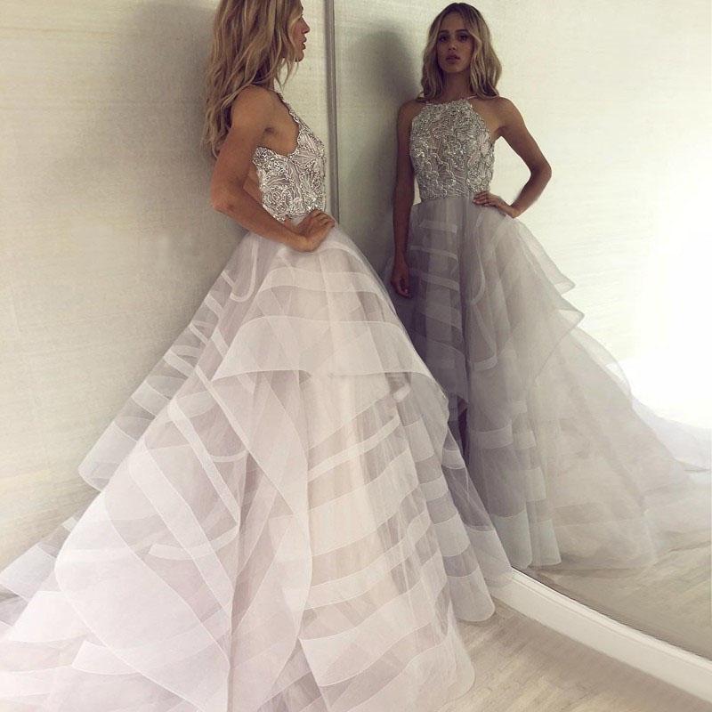 Fashion A-Line Crew Backless Lavender Organza Prom Dress with Beading DMG20