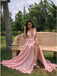 A-Line V-Neck Sweep Train Pink Lace Prom Dress with Split DMP10