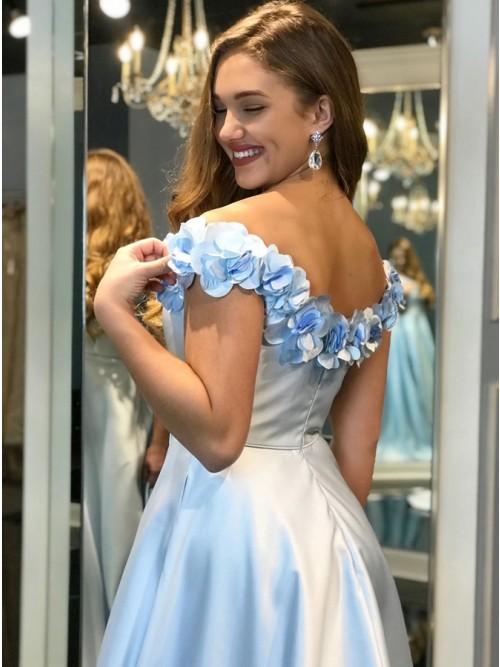 A-Line Off-the-Shoulder Light Blue Split Prom Dress with Flowers Pockets DMP9