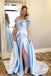 A-Line Off-the-Shoulder Light Blue Split Prom Dress with Flowers Pockets DMP9