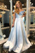 A-Line Off-the-Shoulder Light Blue Split Prom Dress with Flowers Pockets DMP9