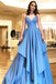 Simple A-Line Spaghetti Straps Blue Satin Tiered Prom Dress DML83