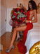 Sheath Spaghetti Straps Backless Red Sequined Prom Dress with Split DMP8