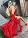 Sheath Spaghetti Straps Backless Red Sequined Prom Dress with Split DMP8