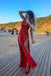 Sheath Spaghetti Straps Backless Red Sequined Prom Dress with Split DMP8