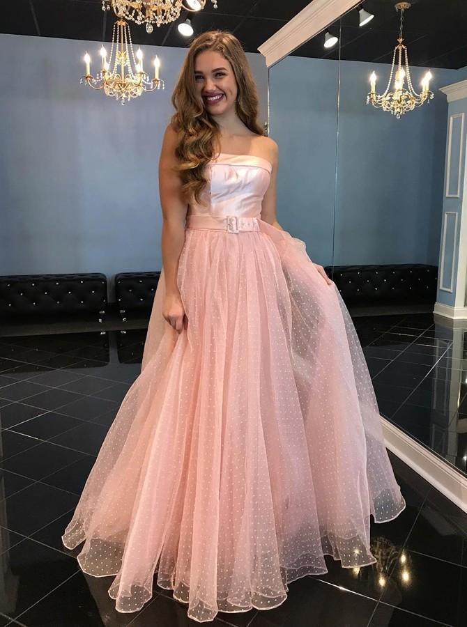 A-Line Strapless Floor-Length Pink Tulle Prom Dress with Belt DML67