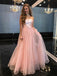 A-Line Strapless Floor-Length Pink Tulle Prom Dress with Belt DML67