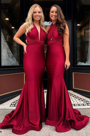 Mermaid V-Neck Burgundy Long Convertible Prom Bridesmaid Dress DMR23