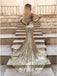Mermaid Long Split Prom Dress Gold Sequined Evening Dress with Sleeves DMP6