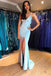 Mermaid Spaghetti Straps Sweep Train Light Blue Prom Dress with Split DMN31