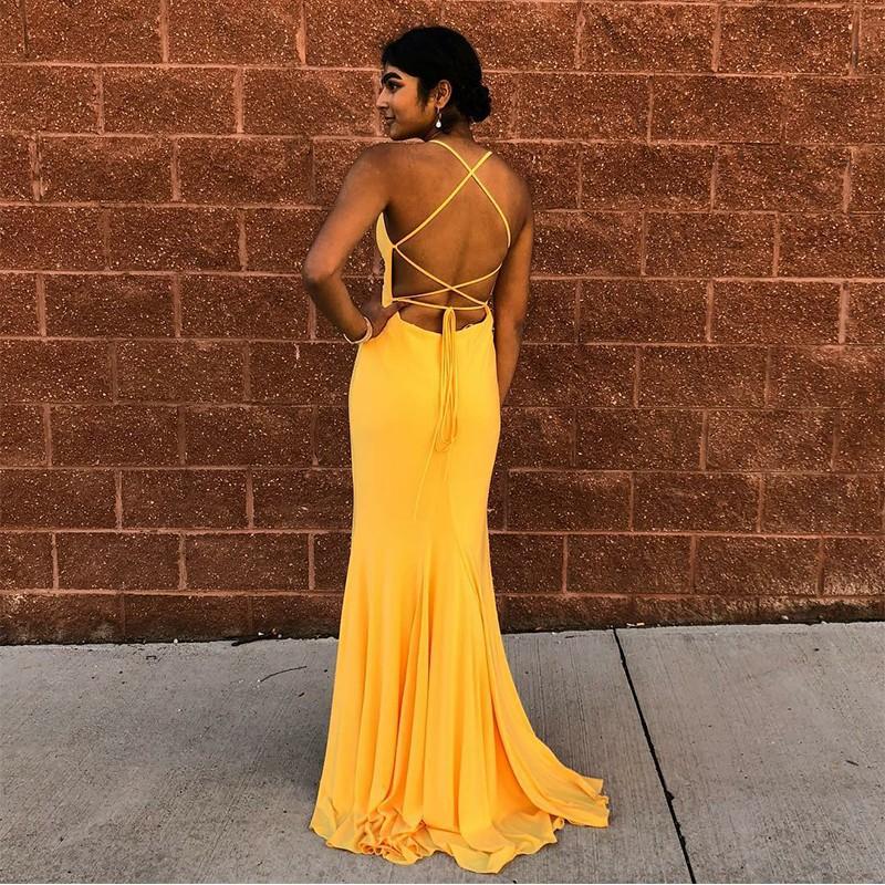 Mermaid Spaghetti Straps Floor-Length Yellow Sexy Prom Dress DMQ67