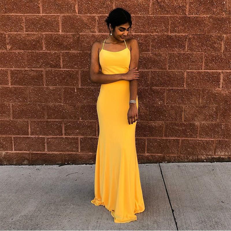 Mermaid Spaghetti Straps Floor-Length Yellow Sexy Prom Dress DMQ67