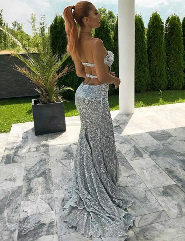 Sexy Mermaid Sweetheart Backless Silver Prom Dress with Split Beading DMH35