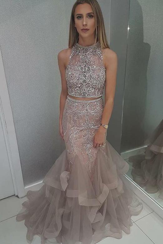 Stunning High Neck Blush Two Piece Prom Dress with Beading DMH34