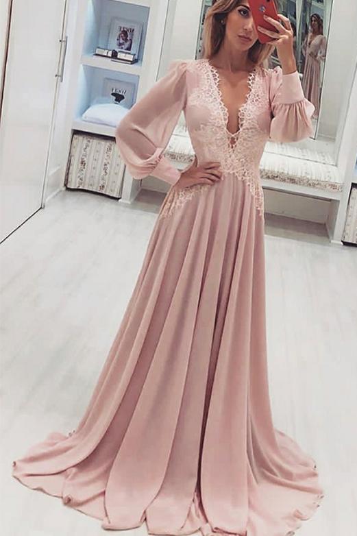 Fashion A-Line V-Neck Long Pink Prom Dress with Long Sleeves Appliques DMH41
