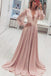 Fashion A-Line V-Neck Long Pink Prom Dress with Long Sleeves Appliques DMH41