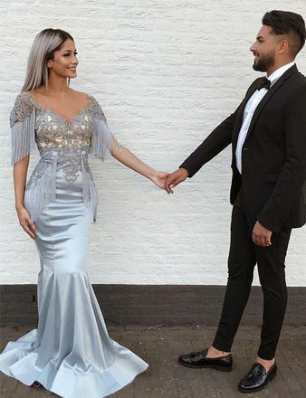 Mermaid V-Neck Short Sleeve Appliques Long Grey Prom Dress DMH33
