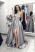 One Shoulder Long Grey Prom Dress with Split Lace Appliques Evening Dress DMH40
