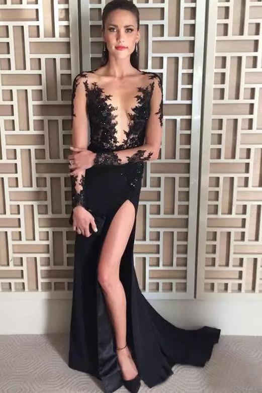 Deep V-Neck Long Sleeve Black Evening Dress,Beading Split Sexy Prom Dress DMH27