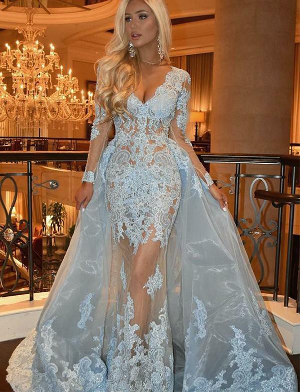 Detachable V-Neck Long Sleeve Prom Dress with Lace Appliques Light Blue Evening Gown DMH28