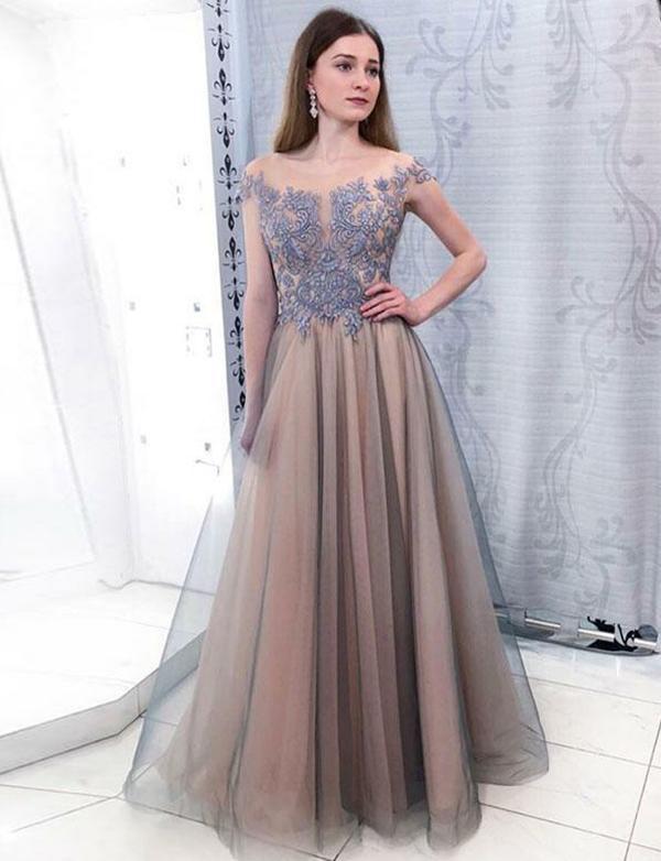 Cap Sleeves Bateau Long Tulle Beading Prom Dress with Appliques DMH29