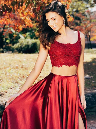 Two Pieces Scoop Sleeveless Burgundy Split Sexy Long Prom Dresses DMG97