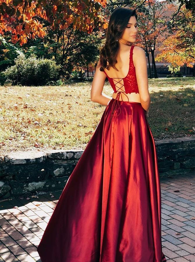 Two Pieces Scoop Sleeveless Burgundy Split Sexy Long Prom Dresses DMG97