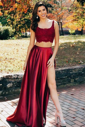 Two Pieces Scoop Sleeveless Burgundy Split Sexy Long Prom Dresses DMG97