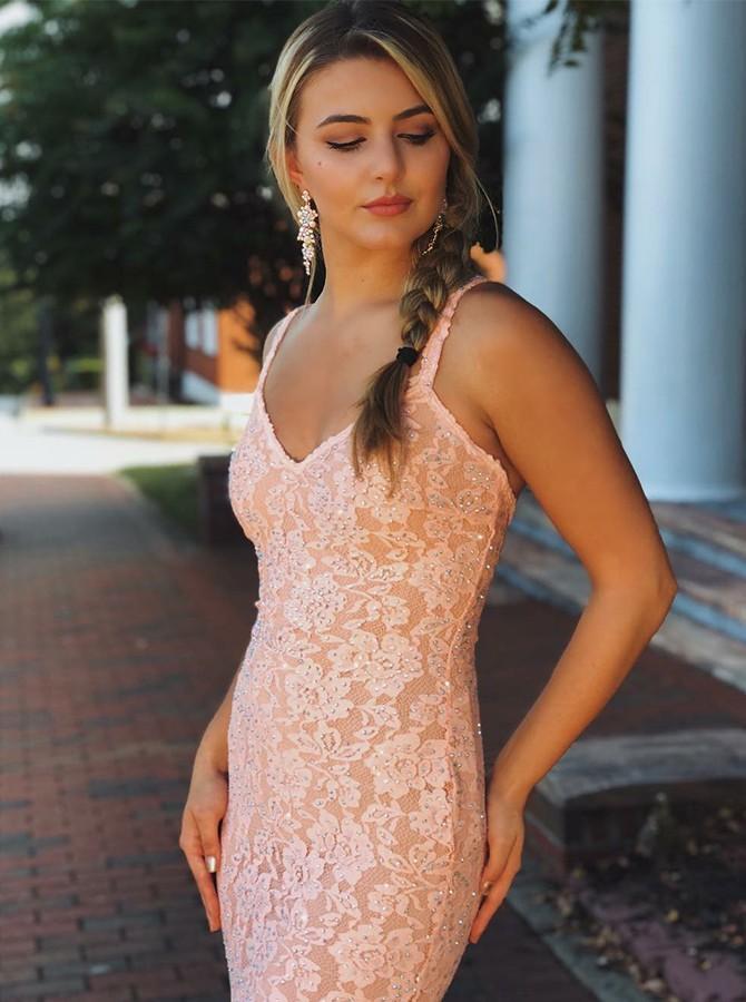 Mermaid V-neck Sleeveless Pink Lace Backless Prom Dresses With Straps DMG96
